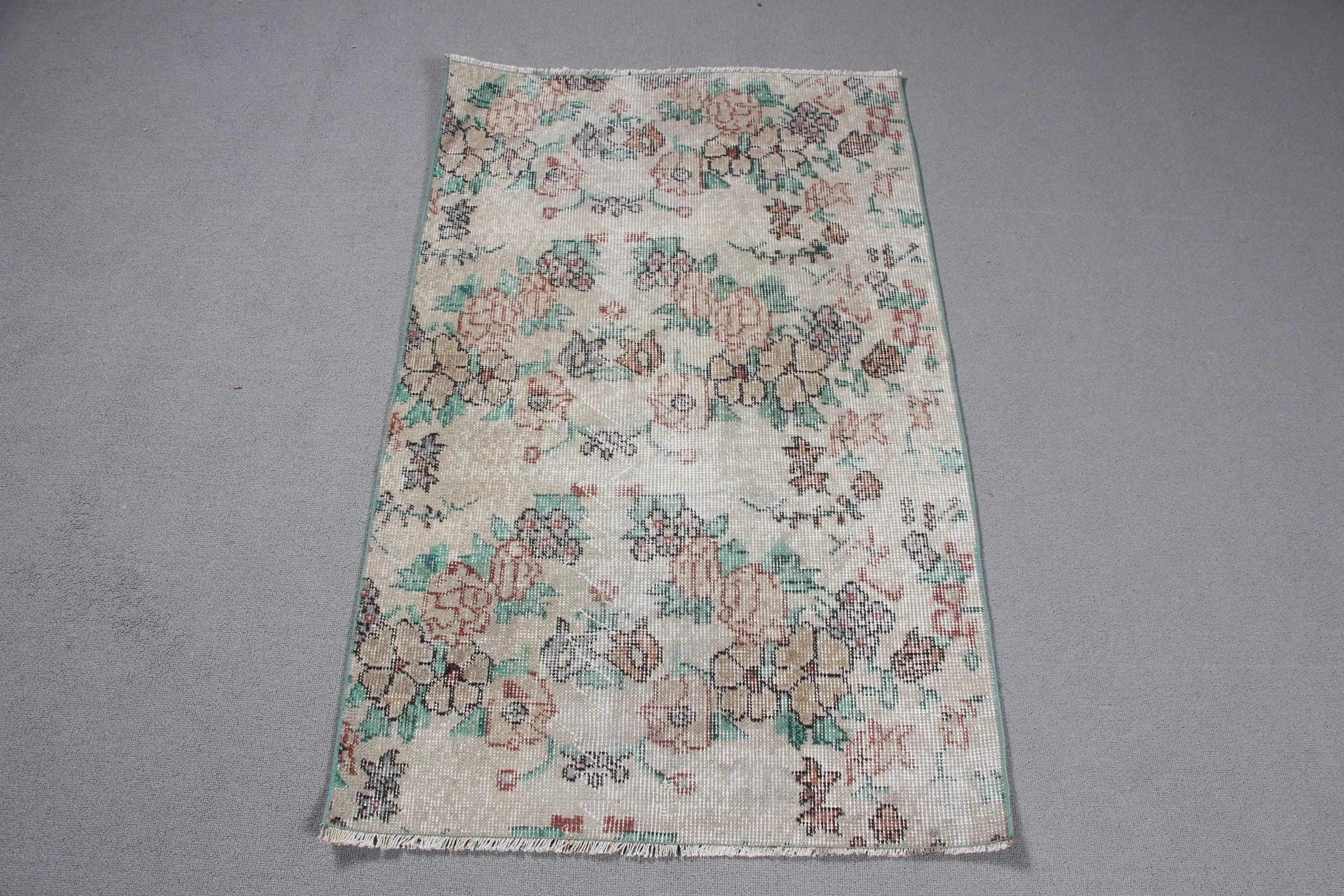 2.4x3.9 ft Vintage Rug, Turkish Small Rug, Green Brown Abstract Wool Rug - 1