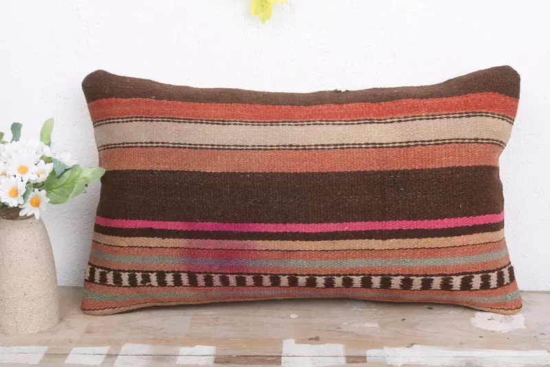 Pillow for Couch, Vintage Kilim Throw Pillow, Interior Designer Pillow, Cushion, 12x20 Brown Cushion Case, Yoga Pillow Case - 2
