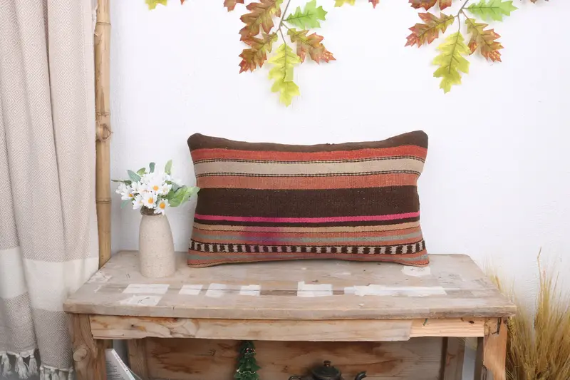 Pillow for Couch, Vintage Kilim Throw Pillow, Interior Designer Pillow, Cushion, 12x20 Brown Cushion Case, Yoga Pillow Case - 1