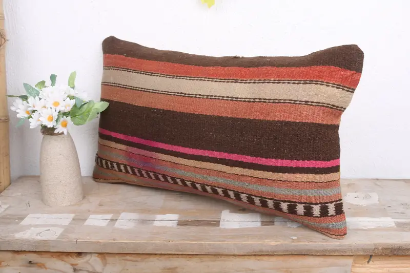 Pillow for Couch, Vintage Kilim Throw Pillow, Interior Designer Pillow, Cushion, 12x20 Brown Cushion Case, Yoga Pillow Case - 4