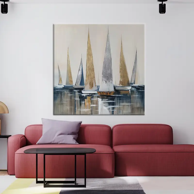 Goldene abstrakte Seeboot-Leinwand: Elegante gedruckte Wandkunst