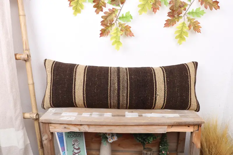 Turkish Kilim Pillow, Pillow Case, Gift Pillow, Authentic Pillow Case, 12x36 Brown Pillow, Pastel Pillow, Home Decor Pillow, Oriental Cushion Case - 1
