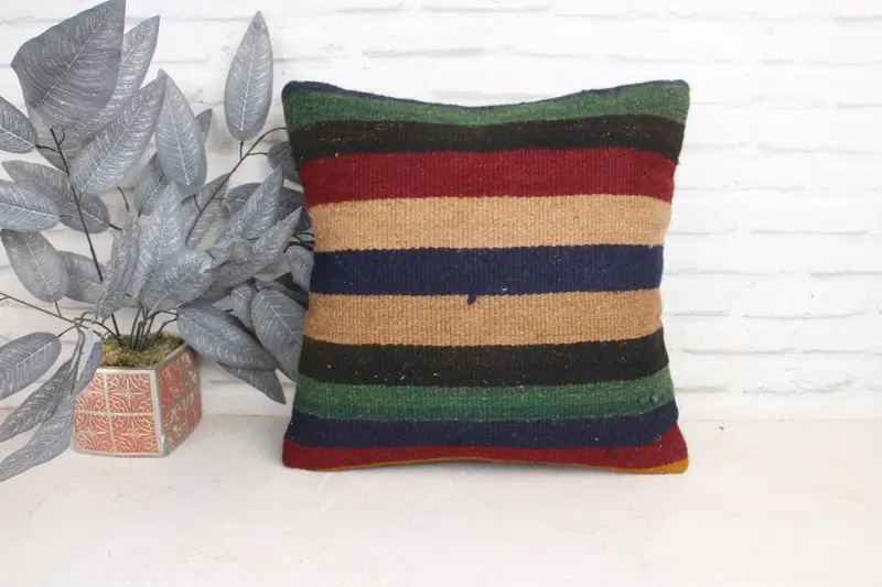 Handmade Kilim Cushion, Tribal Pillow Sham, Vintage Kilim Pillow, Pillow Case, 18x18 Green Pillow Cover, Vintage Cushion, Turkish Kilim Pillow - 1