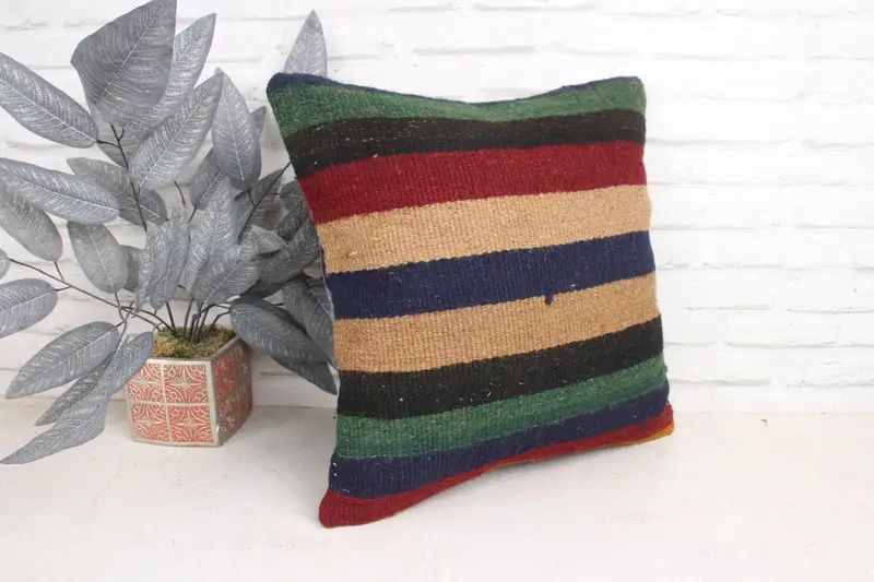 Handmade Kilim Cushion, Tribal Pillow Sham, Vintage Kilim Pillow, Pillow Case, 18x18 Green Pillow Cover, Vintage Cushion, Turkish Kilim Pillow - 3