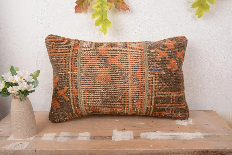Orange & Brown Patchwork Throw Pillow, Handmade Rectangle Pillow