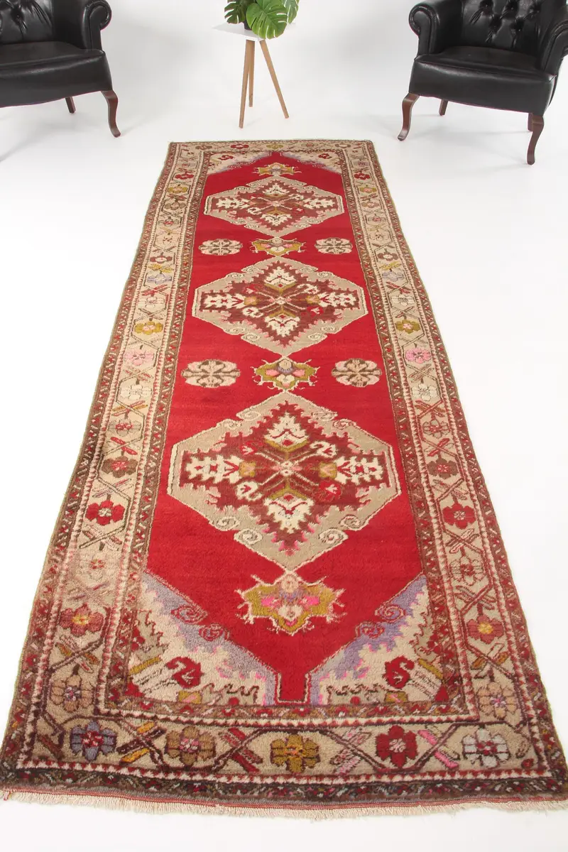 Vintage Teppich, 3,5x10,8 ft Läuferteppich, rotbrauner Oushak Wollteppich - 1