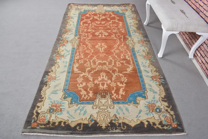 Canlı Turuncu Halı, 0,4x8,7 ft Çiçek ve Paisley Tasarım