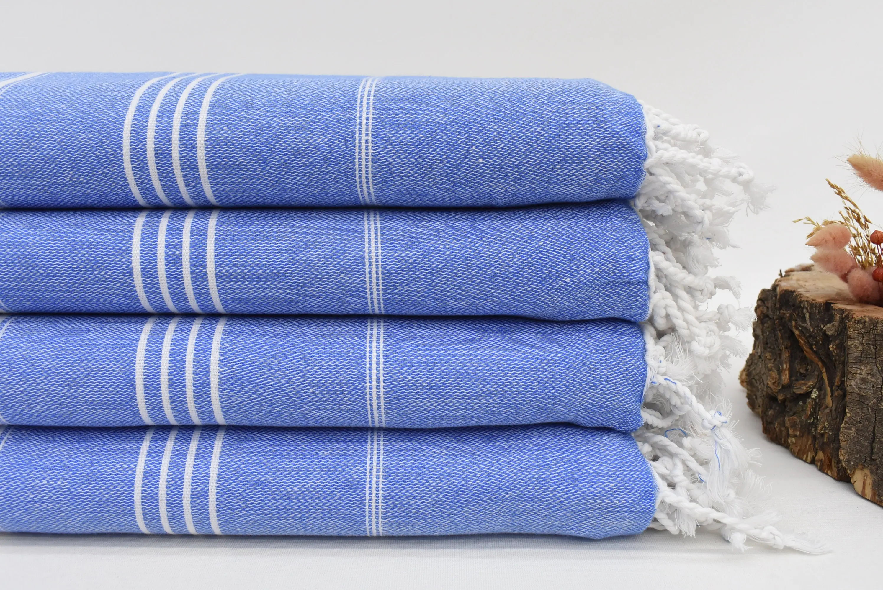 Decorative Boho Throw Blanket Blue Stripes, Organic Cotton, 95x79 Inches - 1