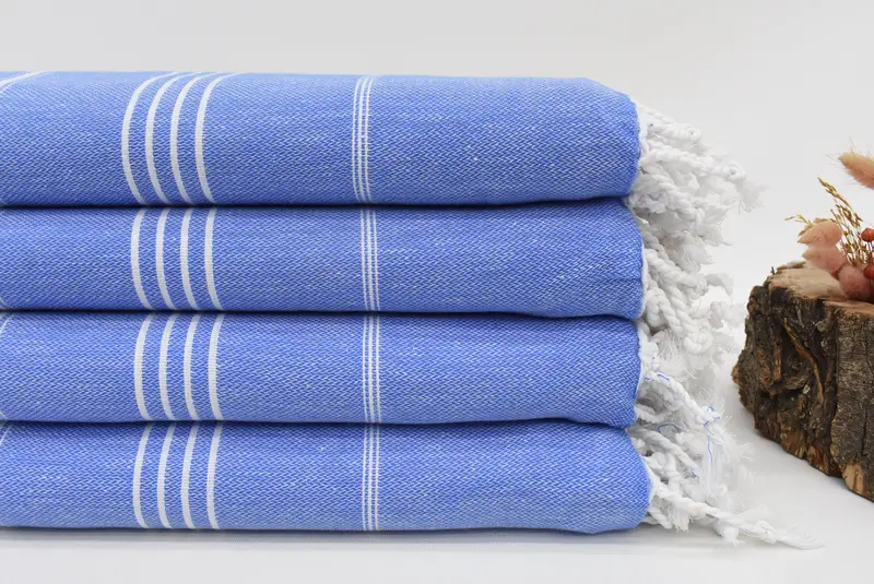Decorative Boho Throw Blanket Blue Stripes, Organic Cotton, 95x79 Inches