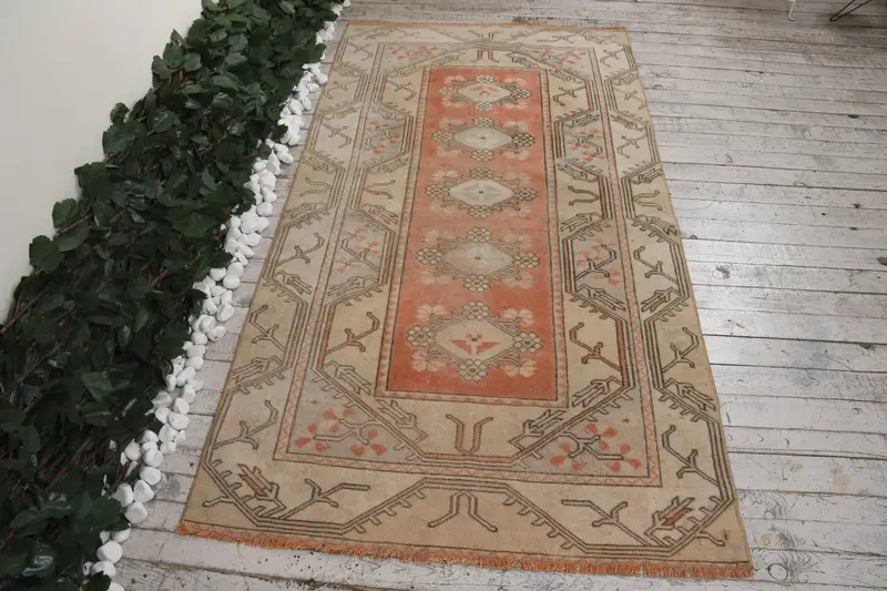 3.6x6.9 ft Turkish Rug, Vintage Area Rug, Orange Brown Camouflage Wool Rug - 1