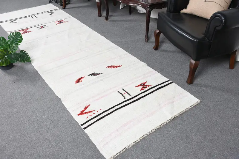 Alfombra turca de pasillo 3,1x10 pies, alfombra Ikat roja blanca de lana - 1