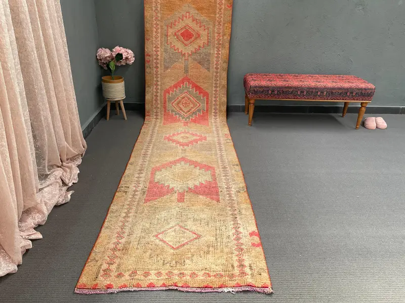 Alfombra turca de 2,8x13,3 pies, alfombra corredor vintage, alfombra de lana a rayas marrones - 1