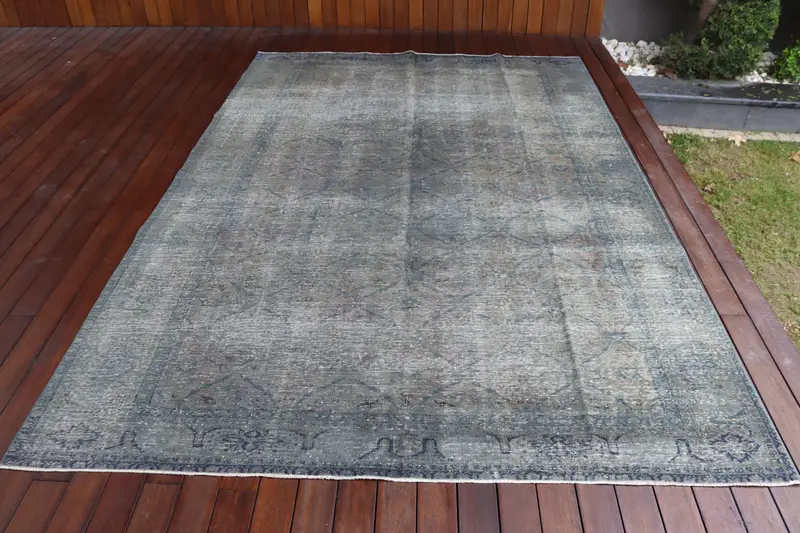 Turkish Vintage Oushak Large Rug 6.4x9.4 ft, Gray Solid Rug Wool - 1
