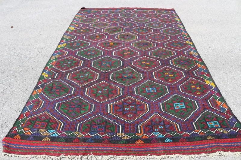 Vintage Büyük Boy Halı 6.7x11 ft, Kırmızı Yeşil Yün Halı - 1