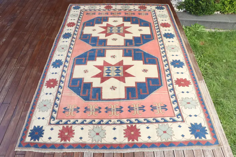 Handmade 0,6x9,6 ft Rug, Beige & Blue Southwestern
