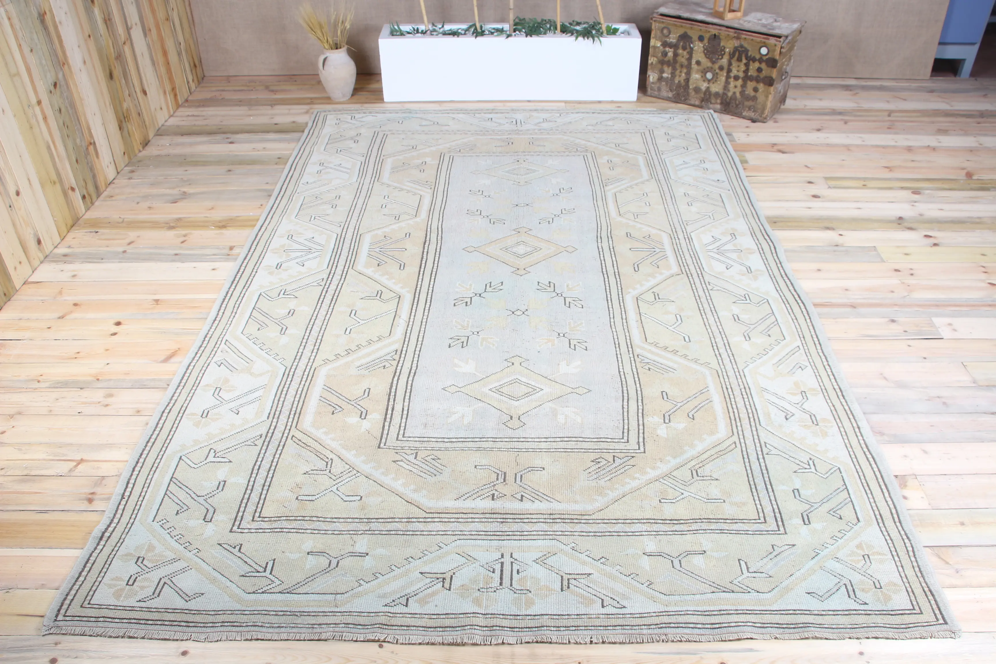 Vintage Halı, Büyük 8x11.7 ft Türk Halısı, Yeşil Geometrik Halı - 1