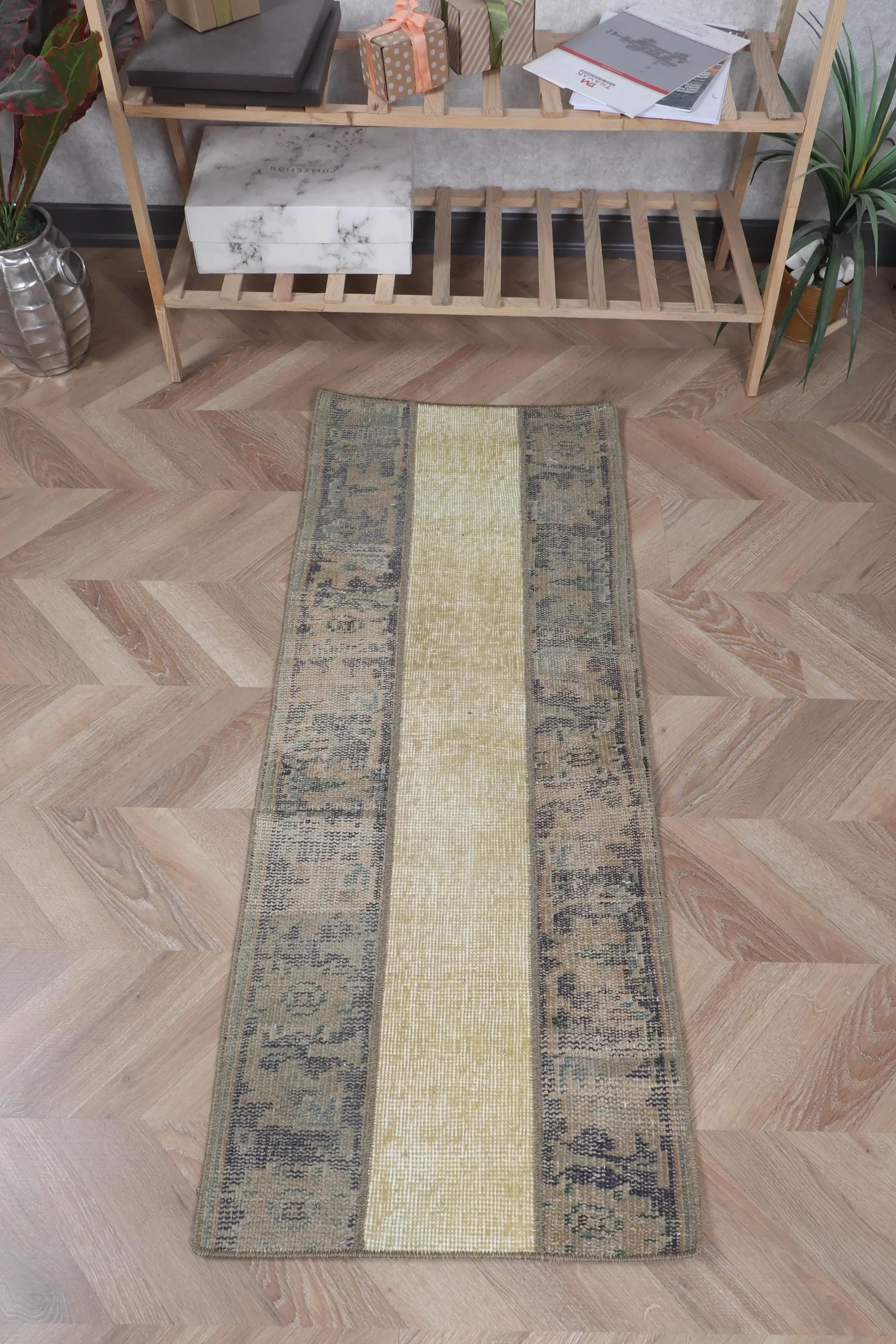 1.7x4.2 ft Turkish Vintage Rug, Small Rug, Brown Yellow Plants & trees Wool Rug - 1