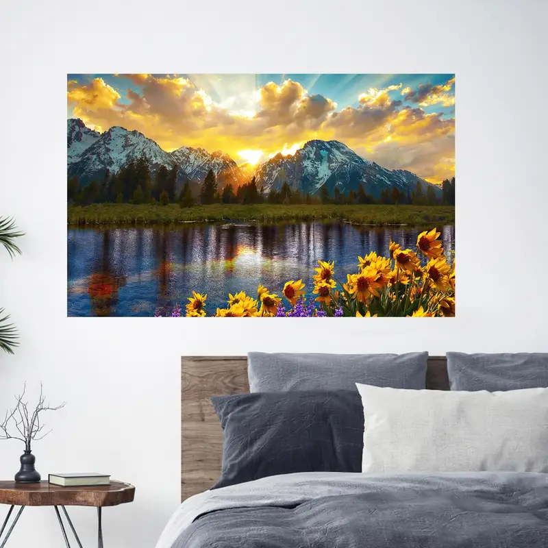 Elegant Printed Glass: Sunset Mountain Landscape & Sunflowers