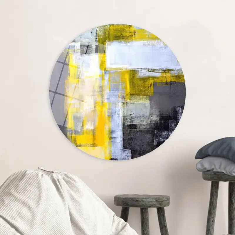 現代的なイエロー & グレーのプリント キャンバス - トレンディなミニマル アート