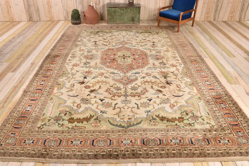 Zarif Bej Fas Halısı, Turuncu Desenli 10,2x13,8 ft