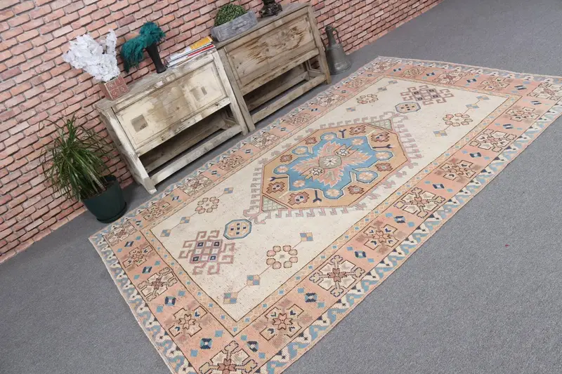 5.3x8.3 ft Halı, Türk Vintage Halısı, Kahverengi Mavi Çiçekli Yün Halı - 1