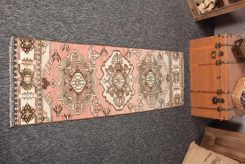 Vintage Oushak Runner Halı 2.2x6.6 ft (68x201 cm), Türk Kahverengi Geometrik Halı - 1