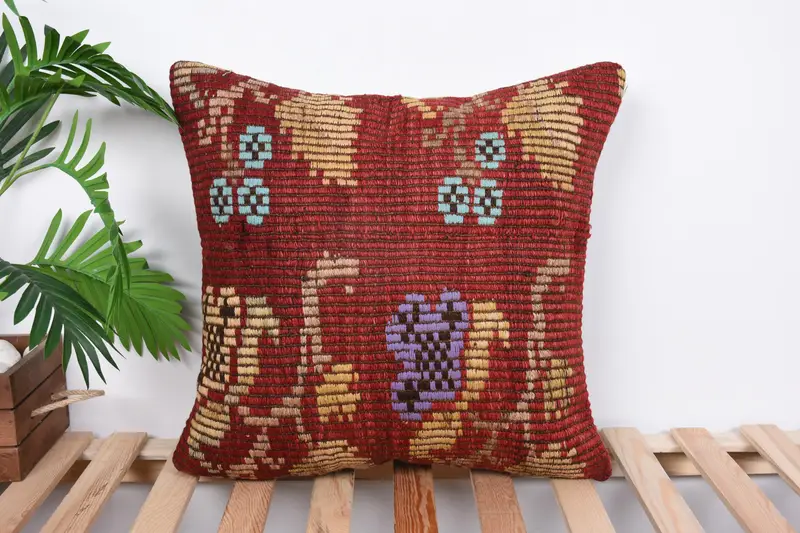 Antique Pillows, Kilim Pillow, Pillow, Home Decor Pillow, Office Chair Cushion, Ikat Cushion Cover, 20x20 Red Cushion Case, Customized Cushion - 1