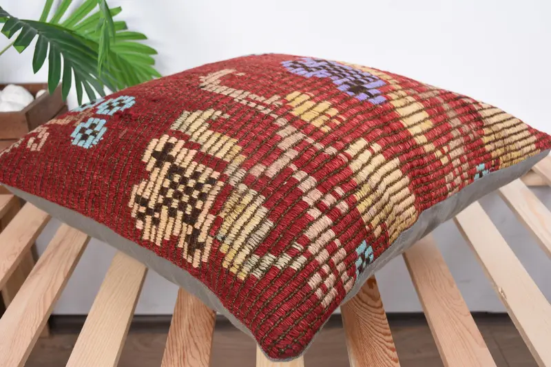 Antique Pillows, Kilim Pillow, Pillow, Home Decor Pillow, Office Chair Cushion, Ikat Cushion Cover, 20x20 Red Cushion Case, Customized Cushion - 6