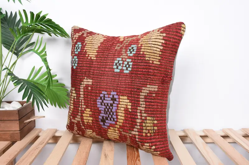 Antique Pillows, Kilim Pillow, Pillow, Home Decor Pillow, Office Chair Cushion, Ikat Cushion Cover, 20x20 Red Cushion Case, Customized Cushion - 5