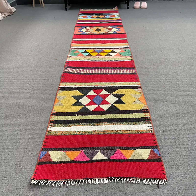 2.2x10.6 ft Rug, Vintage Turkish Rug, Red Kilim Wool Rug - 1