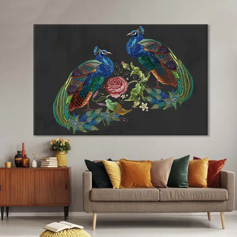 Decoración de lona de pavo real, arte de pared de rosas, estampado de lona de pavo real, decoración de la pared de animales, pintura de lona de pavos reales, hermoso arte de pared, lienzo de pájaros - 5
