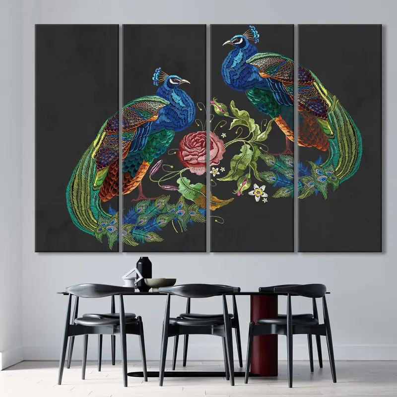 Decoración de lona de pavo real, arte de pared de rosas, estampado de lona de pavo real, decoración de la pared de animales, pintura de lona de pavos reales, hermoso arte de pared, lienzo de pájaros - 2