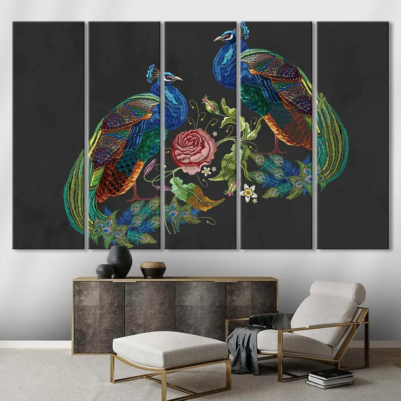 Decoración de lona de pavo real, arte de pared de rosas, estampado de lona de pavo real, decoración de la pared de animales, pintura de lona de pavos reales, hermoso arte de pared, lienzo de pájaros - 3
