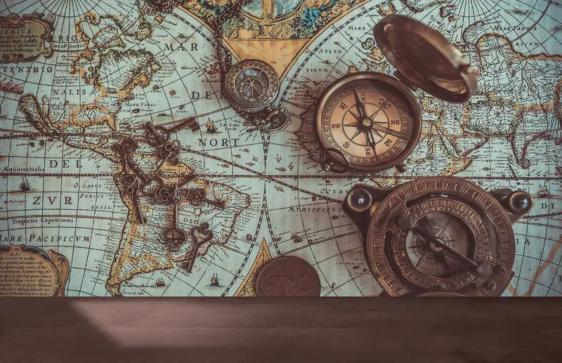 Vintage Dünya Haritası Baskılı Duvar Kağıdı: Zarif Pusula Tasarımı