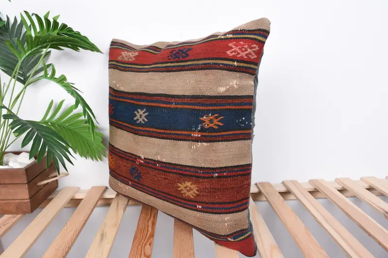 Handmade Kilim Cushion, Ethnical Kilim Rug Pillow, Meditation Cushion Cover, Vintage Kilim Throw Pillow, Pillow Sham, 20x20 Blue Pillow Sham - 5
