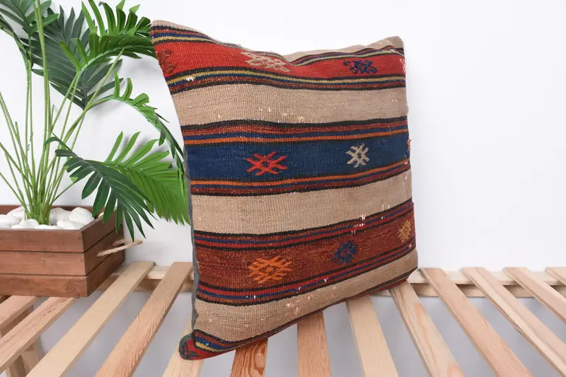 Handmade Kilim Cushion, Ethnical Kilim Rug Pillow, Meditation Cushion Cover, Vintage Kilim Throw Pillow, Pillow Sham, 20x20 Blue Pillow Sham - 4