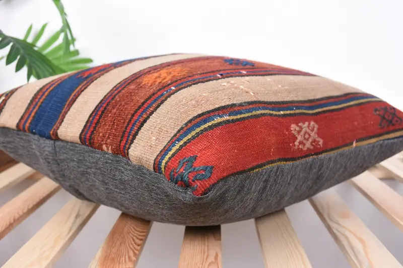 Handmade Kilim Cushion, Ethnical Kilim Rug Pillow, Meditation Cushion Cover, Vintage Kilim Throw Pillow, Pillow Sham, 20x20 Blue Pillow Sham - 6