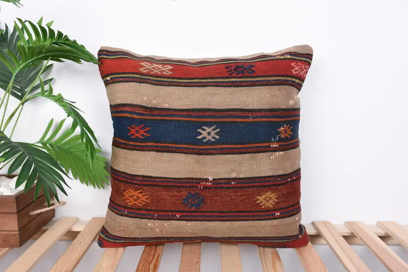 Handmade Kilim Cushion, Ethnical Kilim Rug Pillow, Meditation Cushion Cover, Vintage Kilim Throw Pillow, Pillow Sham, 20x20 Blue Pillow Sham - 1