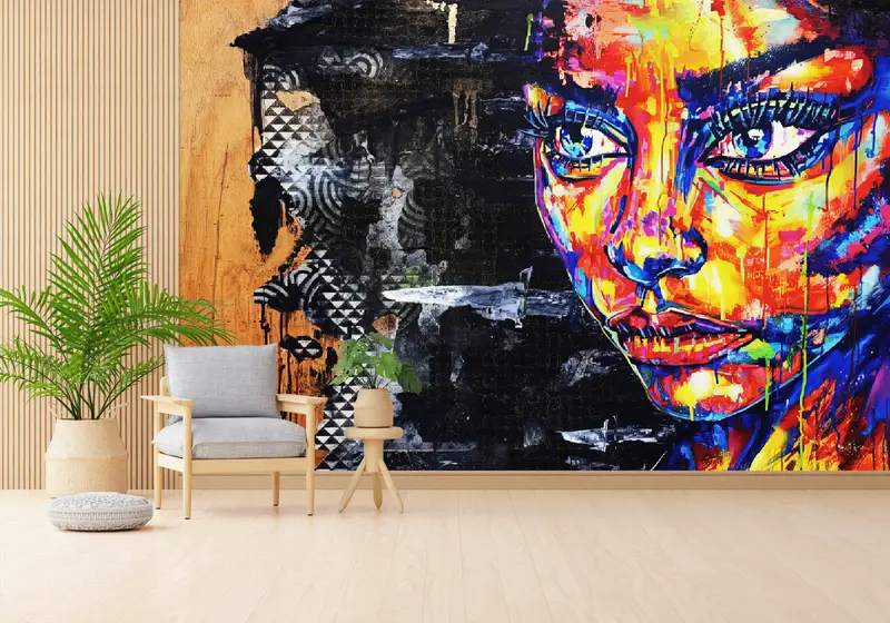 Zarif Baskılı Duvar Kağıdı: Canlı Renklerde Soyut Kadın Portresi