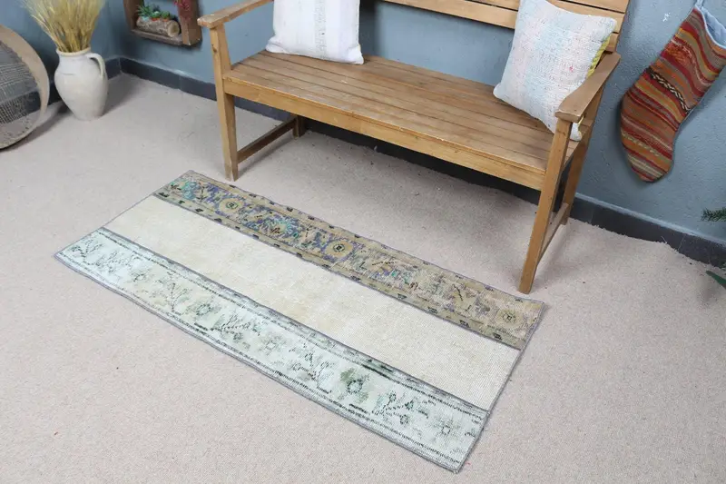 エレガントなベージュ&グリーンラグ、2.2x4.8フィート花柄&幾何学模様