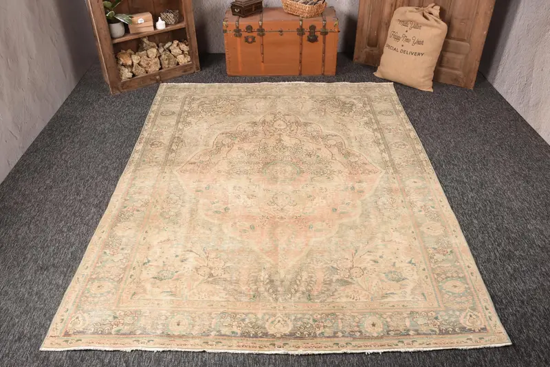 6,7x9,3 ft Vintage Teppich, großer türkischer Teppich, beige Blumenteppich - 1