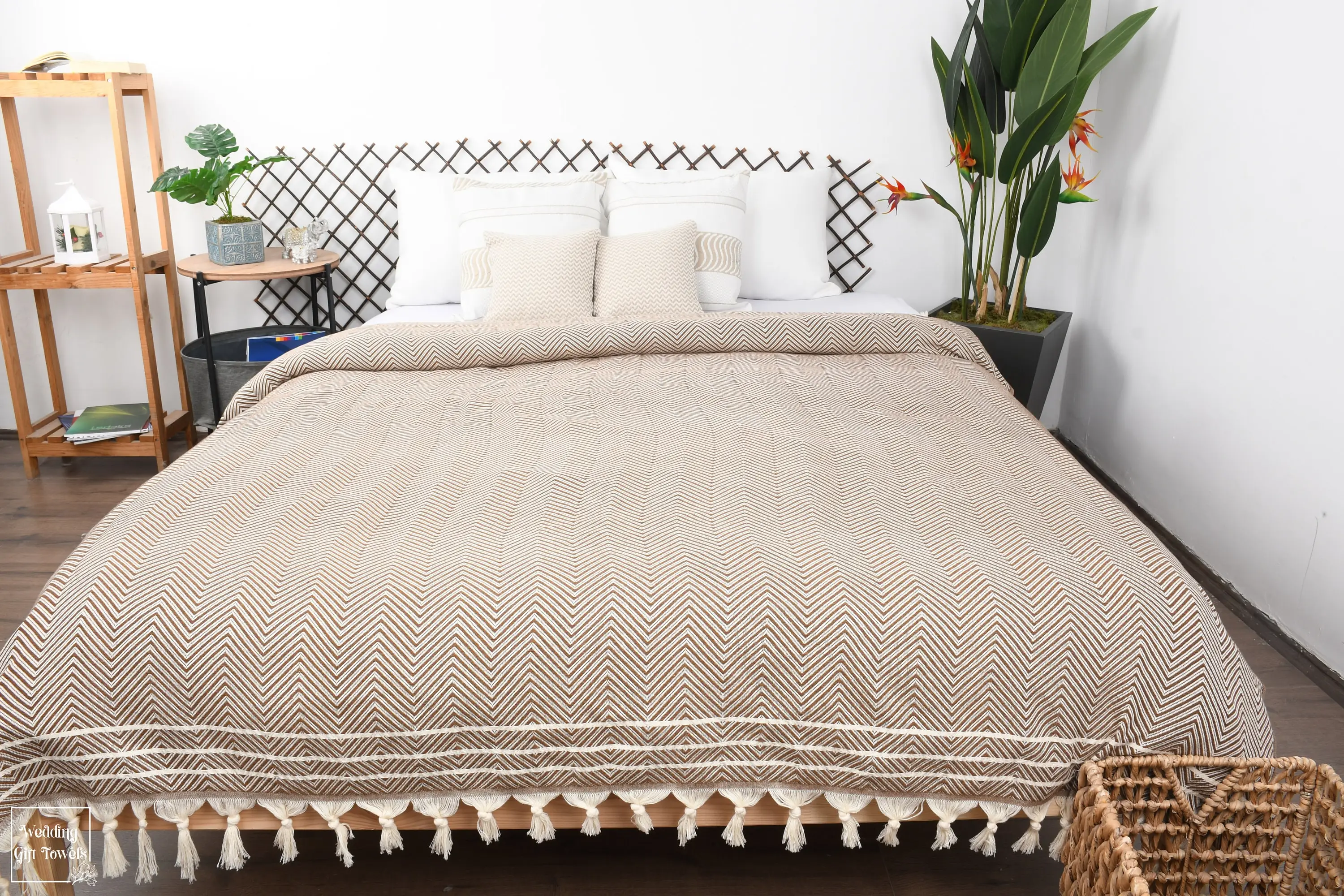 Personalized Turkish Cotton Blanket Monogram Diamond Weave Throw Beige Geometric, 95x71 Inches - 1