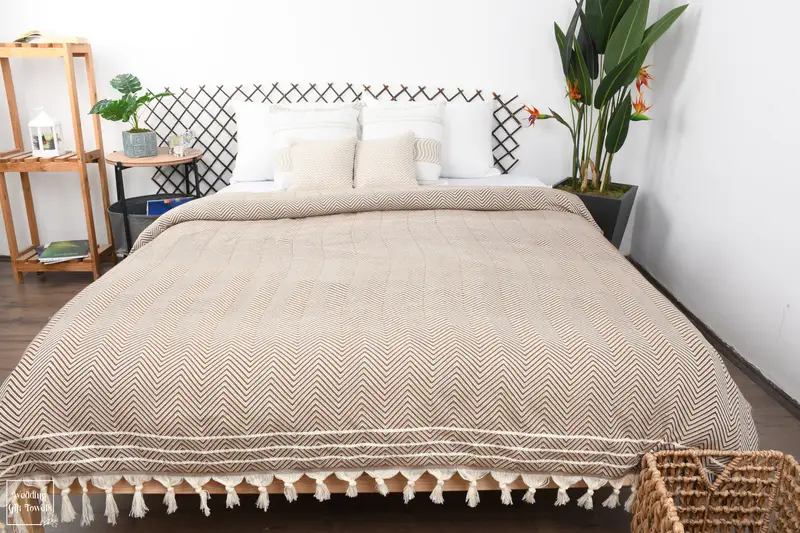 Personalized Turkish Cotton Blanket Monogram Diamond Weave Throw Beige Geometric, 95x71 Inches