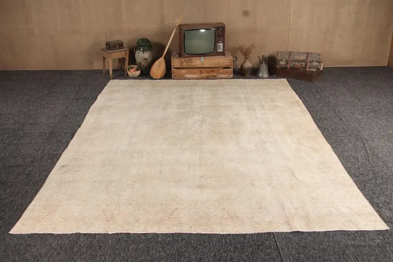 Türk Büyük Boy Halı 9.6x12.8 ft (294x390 cm), Oushak Beyaz Ombré Vintage Halı - 1