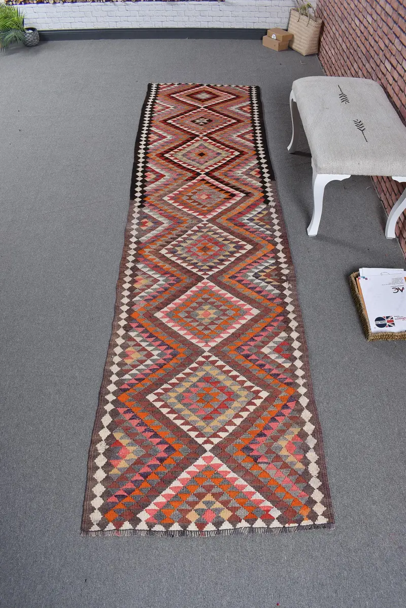 2.7x10.6 ft Runner Vintage Turkish Rug, Red Floral Wool Rug - 1