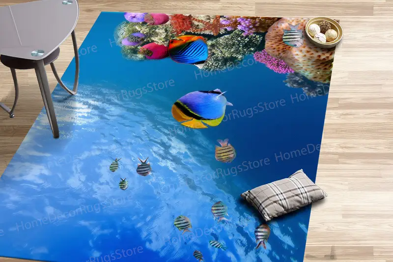 Zarif Tropikal Balık Baskılı Halı: Okyanustan Esinlenen Deniz Manzarası Tasarımı