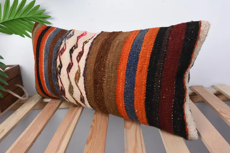 Traditional Cushion, Kilim Pillow, Boho Pillow Sham Cover, Pillow Sham, Bright Pillow Cover, Pillow for Couch, 12x24 Orange Cushion Cover - 4