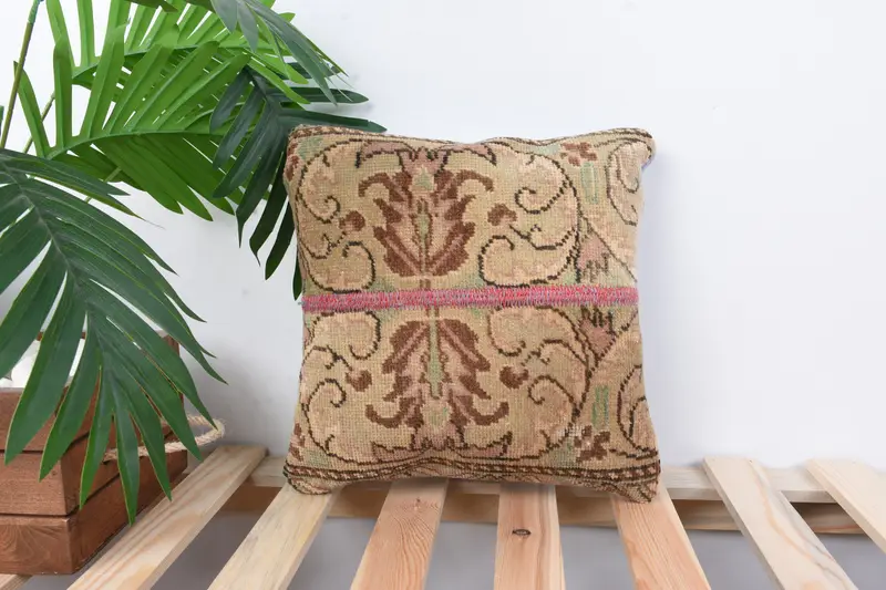 Handmade Kilim Cushion, Antique Pillows, Turkish Bench Pillow, 12x12 Beige Pillow Case, Kilim Cushion Sham, Accent Throw Pillow, Cushion Case - 1
