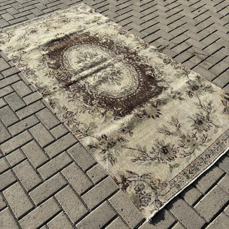 Türk Vintage Halı, 3.7x7.5 ft Oushak Halı, Kahverengi Puantiyeli Yün Halı - 1