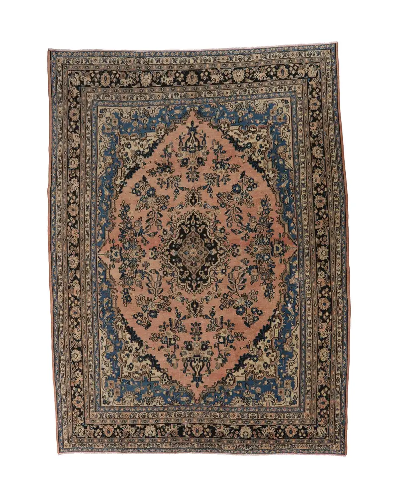 Mavi ve Kahverengi Halı, 8,7x12,2 ft Geometrik Çiçek Desenli